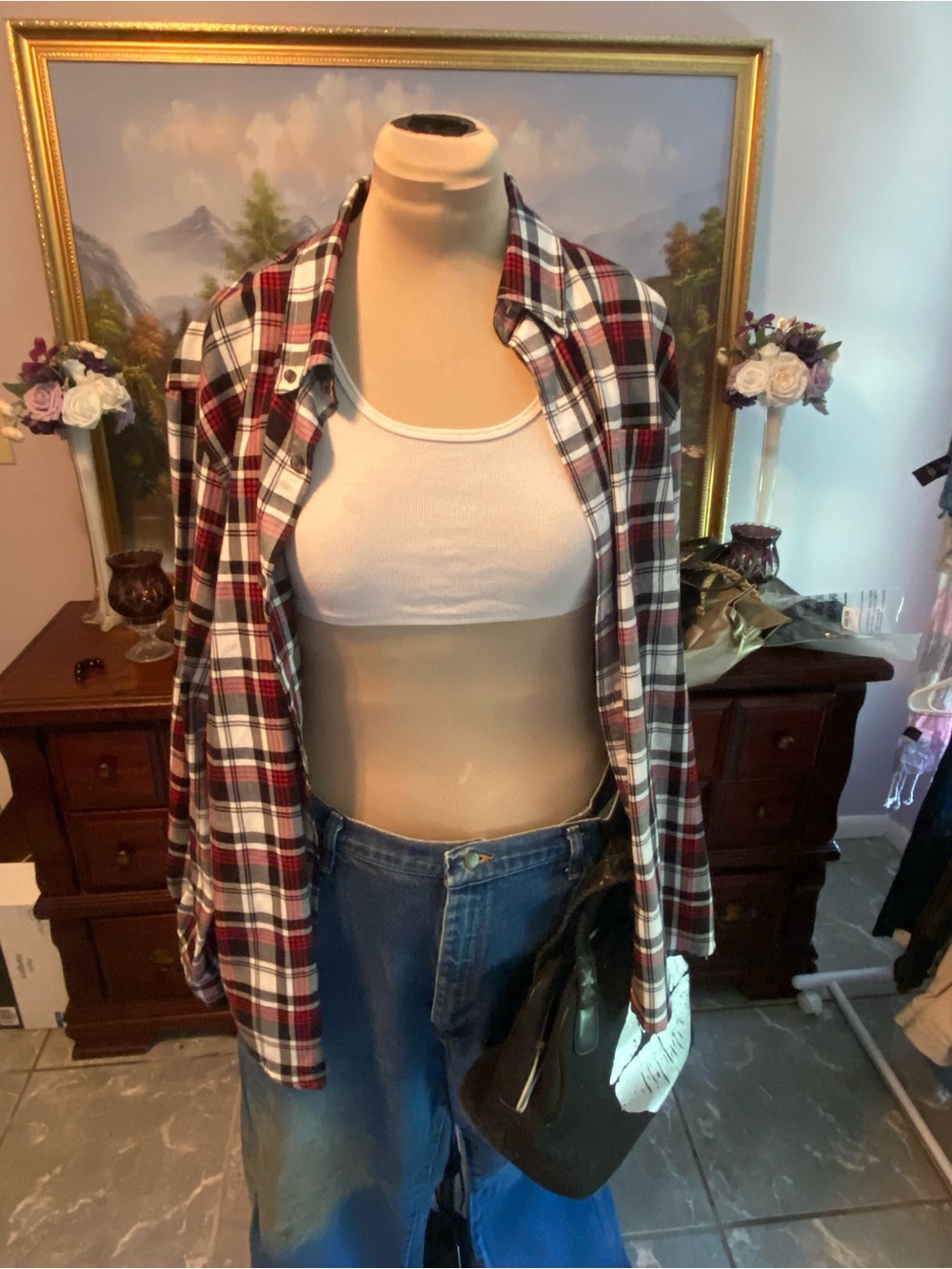 Chaps Red, Black & White Plaid Button-Down Shirt